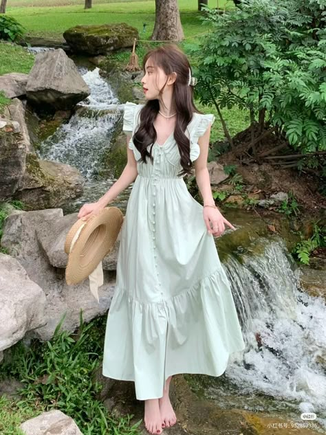 Korean Spring Dress, Korean Fashion Green, Green Long Dress, Long Green Dress, Tank Dresses, 사진 촬영 포즈, Korean Fashion Dress, Korean Girl Fashion, Korean Dress