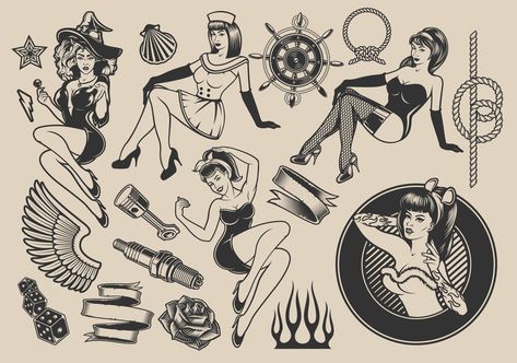 Pin-up, marine, rockabilly and Halloween tattoo style designs Traditional Pin Up Girl Tattoos, Pinup Tattoo Flash, Halloween Pinup Tattoo, Traditional Tattoo Pin Up Girl, Rockabilly Tattoo Designs, Pin Up Girl Tattoos, Traditional Tattoo Pin Up, Rockabilly Halloween, Rockabilly Tattoos