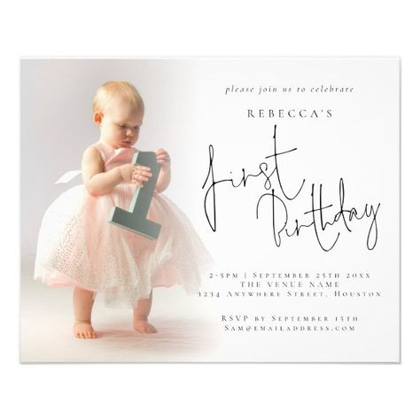 PAPER | Modern Photo Overlay 1st Birthday Invite 1st Birthday Invitation Template, 1st Birthday Invite, Invitation Examples, 1 Year Birthday, Bday Invitations, Birthday Flyer, First Birthday Photos, Birthday Invitations Girl, Modern Invitation