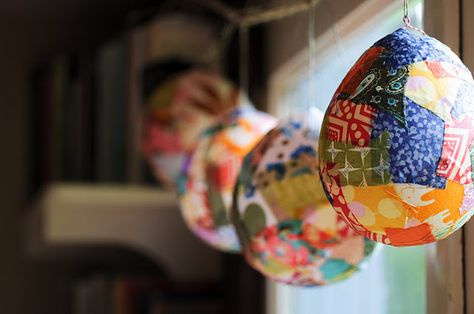 papier mache "lantern" decorations with beautiful, colorful paper Modge Podge Fabric, Fabric Lantern, Balloon Lanterns, Relief Art, Easter Fabric, Baseball Party, Modge Podge, The Small Things, Textile Crafts