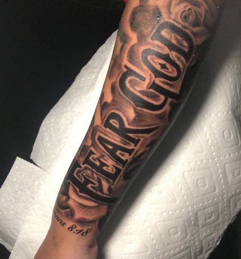 Wrist To Elbow Tattoo Sleeve Men, Cool Black Tattoos, Believe In God Tattoo, Fearless Tattoo Men, Tattoos For Black Guys, Sleeve Filler Ideas Men Arm Tattoo, Christian Sleeve Tattoo Men, Fear God Tattoo Men, Calf Sleeve Tattoo Men