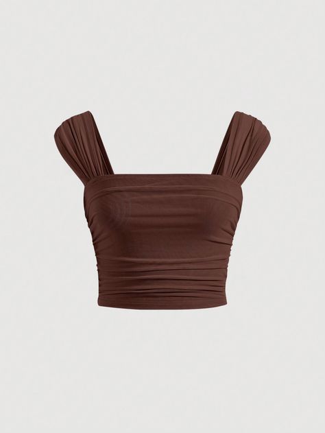 SHEIN MOD Solid Ruched Crop Wide Strap TopI discovered amazing products on SHEIN.com, come check them out! Brown Corset Top, Wide Straps Top, Black Top Summer, Brown Crop Top, Brown Outfit, Women Tank Tops, Strap Top, Spring Tops, Tank Top Cami