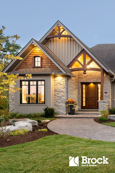 Blue And Black Home Exterior, Cabin Style House Exterior, Canadian House Design, Canadian Homes Exterior, Mixed Materials House Exterior, House With Arched Front Door, New Build House Ideas Exterior, Exterior House Paint Color Combinations Farmhouse, Brown Farmhouse Exterior