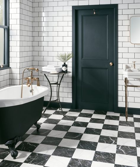 Combining black and white marble effect, these Porcelain tiles from Topps Tiles will give your bathroom the ultimate Italian look. They are bold and would look equally as good in a small en-suite or on a large bathroom floor. We love the combination here with the subway tiles on the walls and brass fittings. #loverenovate #renovate #renovatedhome #renovationlife #renovationproject #homeextention #homerenovations #buildingahome #interior #myrenovationproject #bathroominspo #bathroom #ruzzini White Tiled Bathroom, Black And White Bathroom Floor, Black And White Tiles Bathroom, Marble Bathroom Floor, Checkered Floor, Tiled Bathroom, White Marble Bathrooms, Topps Tiles, White Bathroom Tiles