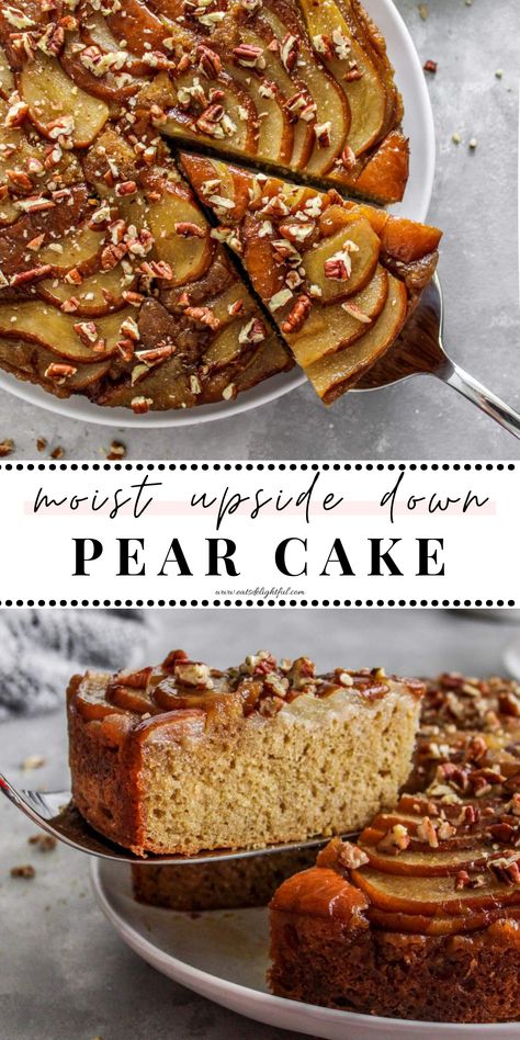 2 stacked images of pear upside down cake with slice being lifted out of cake on cake server: top image shows overhead angle and bottom image shows head on angle Pear Baked Goods, Pear Cake Gluten Free, Pears Cake, Upside Down Pear Cake, Pear Cake Recipes, Pear Upside Down Cake, Pear Dessert Recipes, Pear And Almond Cake, Upside Down Cake Recipe