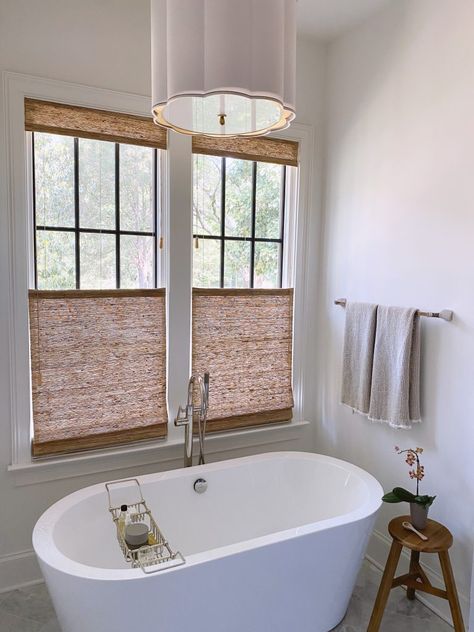 Bathroom Window Coverings, Bathroom Shades, Bath Window, Farmhouse Window Treatments, Lauren Lane, Koti Diy, Bathroom Window Treatments, Bathroom Blinds, Woven Wood Shades