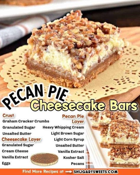 Pecan Pie Cheesecake Bars Recipe, Graham Cracker Cheesecake, Pecan Pie Cheesecake Bars, Cheesecake Brownie Bars, Pecan Cheesecake Bars, Pecan Desserts Recipes, Caramel Pecan Pie, Cheesecake Layer, Pecan Pie Cheesecake