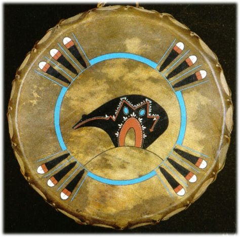 Spirit Bear drum, LE Gourd Instruments, Painted Drums, Shamanic Journeying, Native Symbols, Native American Drums, Drums Art, Hand Drums, Spirit Bear, Native American Patterns