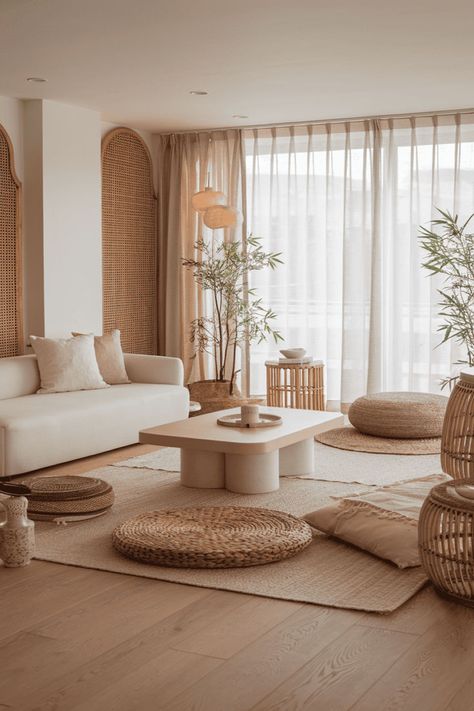 Japandi Living Room: Natural Warmth Design - Modern Elegance Japandi Color Scheme, Japandi Apartment, Japandi Bedroom Design, Living Room Natural, Japandi Living Room, Japandi Living, Japanese Minimalism, Japandi Interior, Bamboo House