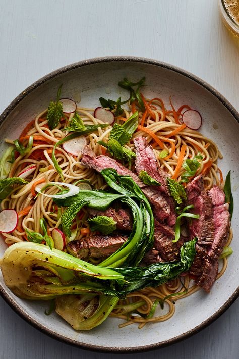 Soba Noodle and Steak Salad With Ginger-Lime Dressing Recipe - NYT Cooking Steak With Blue Cheese, Endive Salad, Hanger Steak, Soba Noodle, Buckwheat Noodles, Steak Salad, Nyt Cooking, Soba Noodles, Lime Dressing