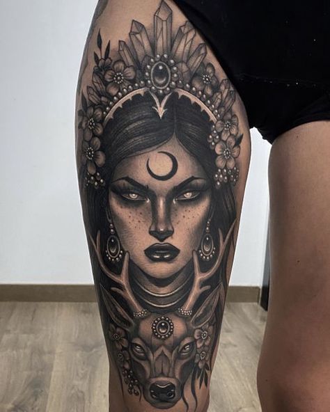 Artemis Tattoo, Mystical Tattoos, Nature Goddess, Goddess Tattoo, Tattoo Inspiration Men, Inspiration Tattoo, Medusa Tattoo, Leg Tattoo Men, Leg Tattoos Women