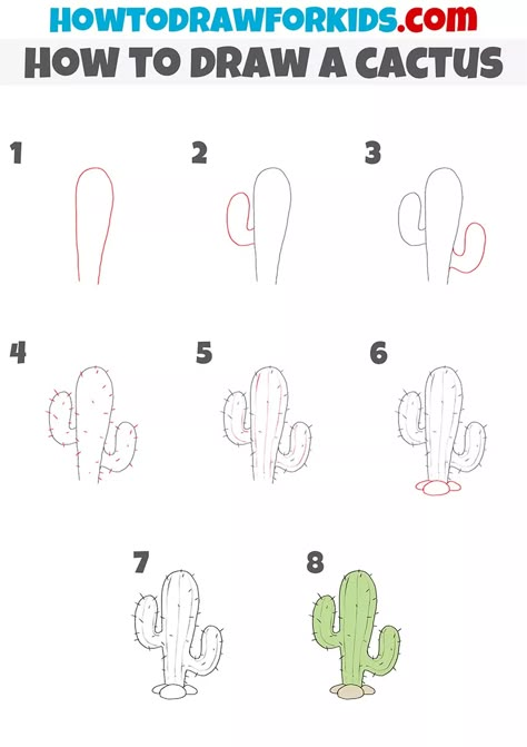 How to Draw a Cactus Step by Step - Drawing Tutorial For Kids Draw A Cactus Easy, How To Draw A Cactus Easy, How To Draw Plants Step By Step Easy, Cactus Chalk Art, How To Paint A Cactus Step By Step, Draw Cactus Step By Step, How To Draw A Cactus Step By Step, Desert Drawing Easy, How To Draw Cactus