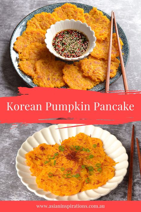 Korean Pumpkin Pancakes are a sweet and savory snack with a crispy crust and a soft inside. Pumpkin offers a natural refreshing flavor as well as a bright golden color. Recipe by Asian Inspirations. #koreancuisine #koreanrecipes #pancake Pumpkin Pancake, Buffalo Cauliflower Recipes, Pumpkin Fritters, Color Recipe, Savory Pumpkin Recipes, Healthy Meats, Savory Pancakes, Korean Cooking, Korean Recipes