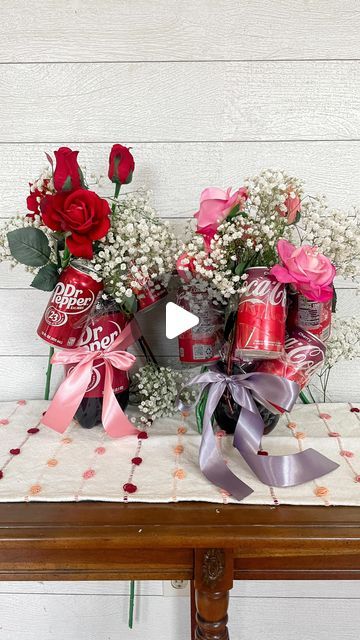 Kelly Oester - your new DIY mom friend on Instagram: "🍒💐Tag a friend who needs this bouquet 😍🍒 but why did it actually turn out pretty....   Are you team Cherry Coke or Dr Pepper??  I had this idea and then after some searching came across Dr. Pepper bouquets circulating Tik Tok. Have you seen it??? People were using hot glue to attach the cans, but I decided to try packing tape and it worked well! It works best if the cans are room temperature with no condensation on them. I used fake flowers and finished it off with a bow.   I love this idea! 😂💝  #drpepperbouquet #cherrycoke #drpepper #diy #diyvalentines #valentinesdayinspo #vdayinspo #viral #viralvideos #viralideas #hearteyes #sharetheeverygirl" Soda Can Bouquet Diy, Beer Flower Arrangement, Soda Bouquet Diy, Dr Pepper Flower Bouquet, Coke Bouquets, Dr Pepper Gift Basket, Dr Pepper Bouquet, Dr Pepper Gift Ideas, Soda Bouquet