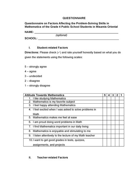 Questionnaire Check more at https://aykgallery.com/78019-questionnaire Research Questionnaire, Survey Questionnaire, Teacher And Student Relationship, Questionnaire Template, Math 5, Quantitative Research, My Favourite Subject, Feeling Excited, Problem Solving Skills