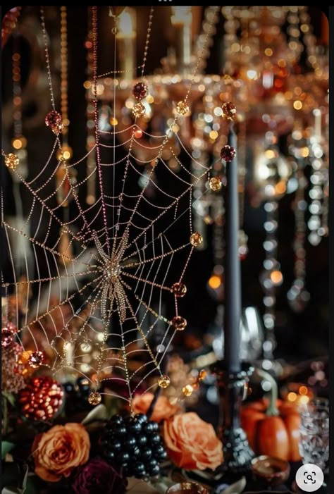 Bedazzled Halloween Decor, Luxury Halloween Decor, Beaded Spider Web, Glam Halloween Decor, Halloween Glamour, Spider Web Decor, Halloween Lifestyle, Elegant Halloween Party, Spiders Halloween