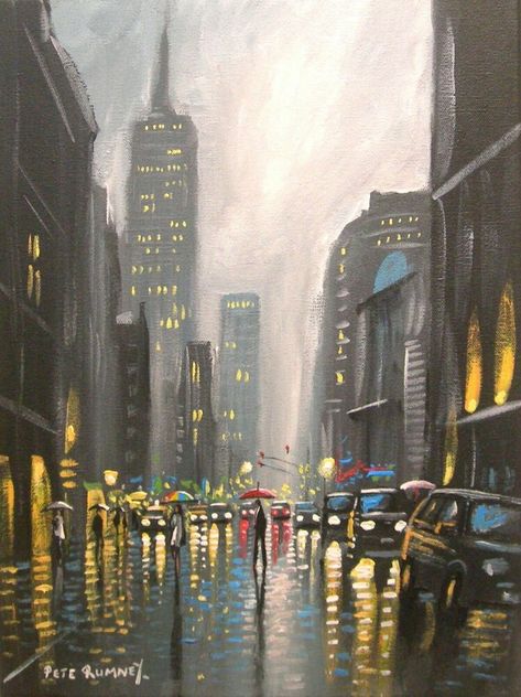 Easy New York Painting, Nyc Rain, Mark Lague, Paul Kenton, New York Painting, Rainy City, Bad Gyal, City Scapes, Rain Painting