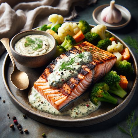 Savor this keto-friendly meal of crisp, grilled salmon with a velvety dill sauce and a side of crunchy steamed broccoli & cauliflower. This dish has a perfect balance of smoky, creamy, and fresh flavors. #KetoMeal #GrilledSalmon #CreamyDillSauce #SteamedVeggies #HealthyEating #LowCarb Creamy Dill Sauce, Dill Sauce, Broccoli Cauliflower, Food Illustration Art, Steamed Broccoli, Grilled Salmon, Food Plating, Food Illustrations, Broccoli