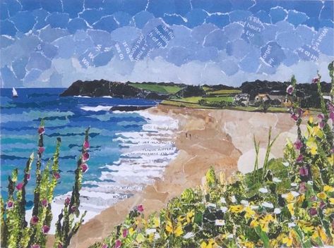 Morning Bike Ride, Collage Landscape, Falmouth Cornwall, Arte Quilling, Cornwall Beaches, Collage Art Projects, Paper Collage Art, Magazine Collage, Junk Mail