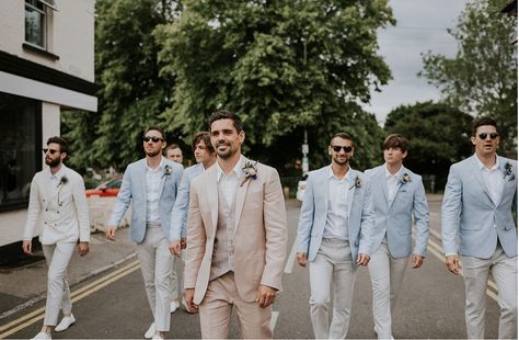 Pastel Wedding Tuxedo, Groom And Groomsmen Attire Summer Wedding, Pastel Blue Groom Suit, Pale Blue Groomsmen Suits, Garden Wedding Suit Grooms, Pale Blue Groom Suit, Pastel Mens Suit, Light Groomsmen Attire, Pastel Wedding Groom Suit