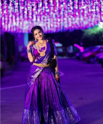 Purple Half Saree, Langa Voni Half Saree, Deepika Pilli, Half Saree Function, Latest Bridal Lehenga, Half Saree Lehenga, Dresses By Pattern, Traditional Blouse Designs, Global Dress