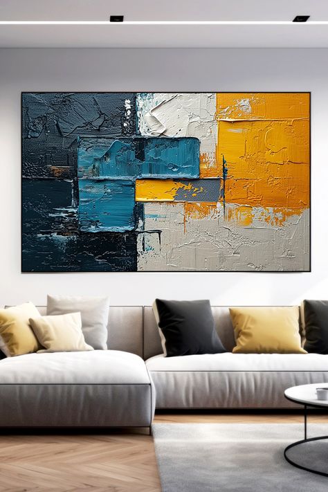 Abstract geometric painting with textured blocks of blue, yellow, and white, original handmade wall art Diy Large Abstract Wall Art, Large Abstract Wall Art, Geometric Wall Art, Geometric Wall, Large Abstract, Rich Textures, Abstract Wall, Abstract Wall Art, Art Original