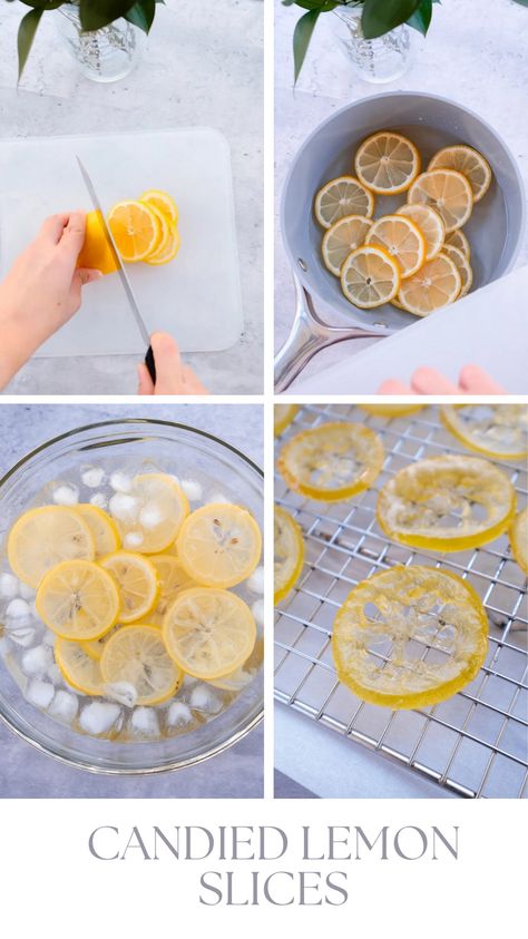 Candied lemon slices are easy to make, and only uses 3 simple ingredients. It’s a delicious snack and makes a lovely garnish on cakes, cupcakes, and much more! Dried Lemon Slices, Lemon Raspberry Cheesecake, Candied Lemon Slices, Candied Lemon Peel, Lemon Drop Martini, Candied Lemons, Dried Lemon, Lemon Slices, Yellow Foods