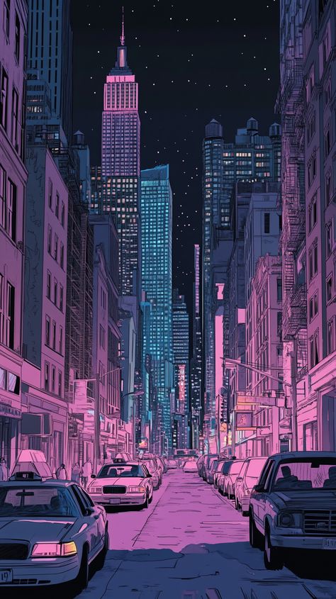 🌆✨ Dive into the enchanting nightscape of New York City! This dynamic illustration captures the city’s iconic skyline in a vibrant comic book style, featuring bold black outlines and soft pastel colors. The cinematic lighting adds a magical touch, illuminating the buildings and creating a dreamy atmosphere. Perfect for anyone who loves the charm of urban nights! 🏙️💖 #NYC #ComicArt #PastelVibes #CityLights #ArtLovers... Downtown City Aesthetic, City Street At Night, Nighttime City, Nyc Vibes, Street At Night, Tall Buildings, Cinematic Lighting, Graphic Novel Art, Vibes Art