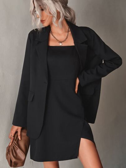 Lapel Neck Blazer & Wrap Hem Cami Dress | SHEIN Cami Dress With Blazer, Dress And Blazer Outfit, Character Clothes, Black Short Dress, Co Ords, Blazer Outfits, Blazer Dress, Cami Dress, Two Piece Outfit