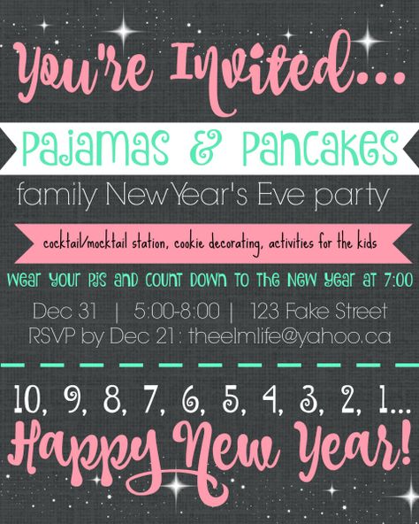 Holiday Pajamas & Pancakes Family Party | The ELM Life Pajama Party Invitations, New Year Party Invitation, New Year Invitation, Family New Years Eve, Kids New Years Eve, New Years Eve Day, New Years Eve Invitations, Pancakes And Pajamas, New Years Countdown