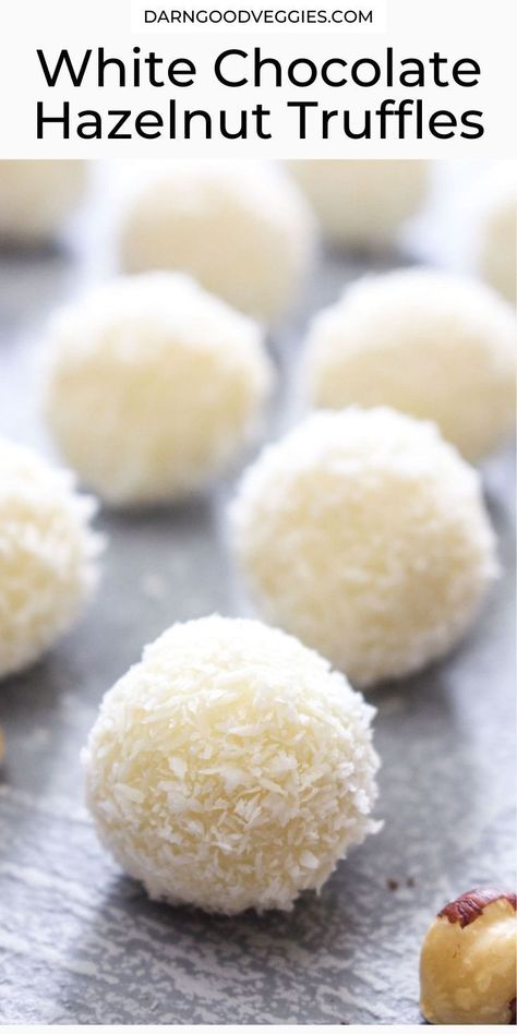 These White Chocolate Hazelnut Truffles are perfect for Christmas! They are dairy free, perfectly sweet, and have a crunchy hazelnut center. Coconut that gets stirred into the white chocolate and then pressed onto the outside of the truffle for a pretty lovely snow-like finish! Sweets For Christmas Desserts, White Chocolate Truffles Recipe, White Chocolate Recipes Desserts, White Christmas Food, Christmas Truffles Recipe, Christmas Dessert Recipes Baking, White Chocolate Balls, Dairy Free Truffles, Truffle Flavors