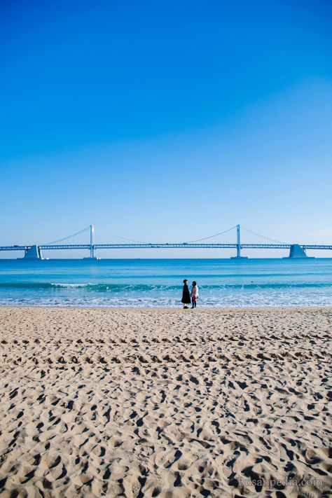 Gwangan Bridge from Gwangalli Beach Busan South Korea Beach, Busan Beach Aesthetic, Busan Aesthetic, Busan Beach, Korea Beach, South Korea Busan, Gwangalli Beach, Taekook Aesthetic, Korea Busan