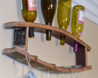 Wine Bottle & Glass Holder by WineyGuys on Etsy Wine Bottle Glass Holder, Wine Barrel Art, Wine Barrel Crafts, Wine Barrel Decor, Barrels Diy, Whiskey Barrel Furniture, Barrel Projects, Barrel Decor, Wine Barrel Furniture