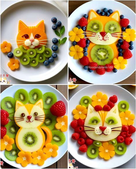 Animal Fruit, Cat Veggie Tray, Fruit Platter Animals, Animal Made Out Of Fruit, Cat Fruit Platter, Animals From Fruit And Vegetables, Fruits Decoration, Fruit Animals, Food Art For Kids