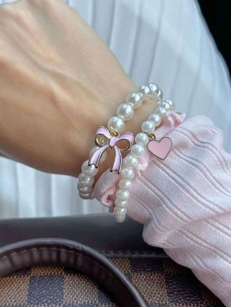 Pearl Bracelet Stack, Ballet Fashion, Pink Girly Things, Pink Collar, Heart Shape Pendant, Girly Jewelry, Clean Girl, Dream Jewelry, Beaded Stretch Bracelet