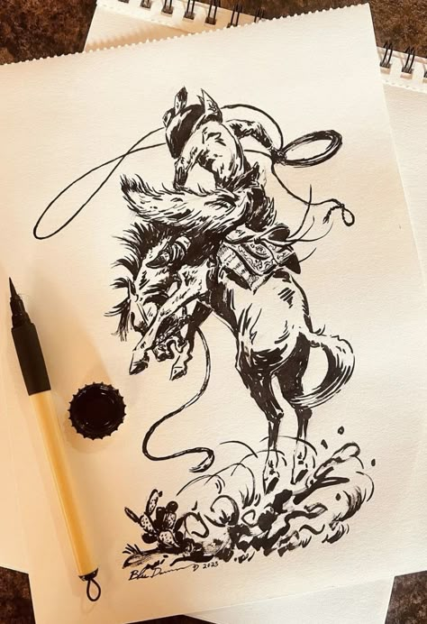 Bronco Horse Tattoo, Western Tattoo Drawings, Bull Rider Tattoo, Bronc Tattoo, Bucking Horse Tattoo, Cowboy Pics, Western Sleeve, Western Drawings, Cowboy Artwork