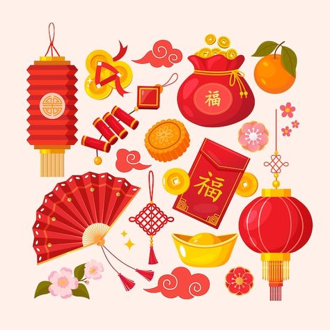 Elements collection for chinese new year... | Premium Vector #Freepik #vector #chinese-fan #chinese-new-year-lantern #japanese-lantern #chinese-culture Chinese New Year Element, Chainess Newyear, Chinese Fan Drawing, Exam Background, Chinese New Year Aesthetic, Chinese New Year Drawing, Chinese Lantern Drawing, Chinese New Year Painting, Lunar New Year Art