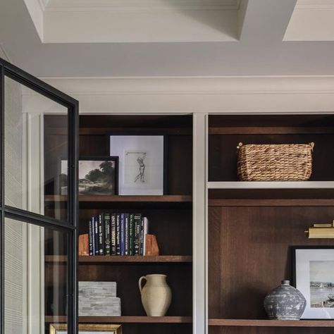 Two Tone Bookcase, Builtin Bookshelves, Office Built Ins, Patterned Wallpaper, Attic Remodel, Steel Door, Built In Bookcase, Family Rooms, Beautiful Backdrops