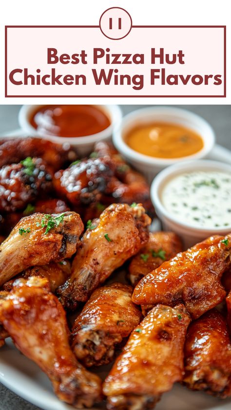 A close-up of a plate of assorted Pizza Hut chicken wings, featuring flavors like Buffalo and Garlic Parmesan, arranged with dipping sauces on the side. Pizza Hut Chicken Wings Recipe, Pizza Hut Wings Recipe, Pizza Hut Wing Sauce Recipe, Wing Batter Recipe, Copycat Pizza Hut, Dry Rub Wings, Wing Flavors, Chicken Wing Flavors, Garlic Wings