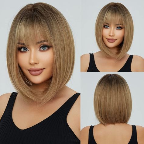 Bangs And Balayage, Bob Ideas, Balayage Straight, Bob Wig With Bangs, Bob Cut Wigs, Blonde Bob Wig, Natural Wigs, Wig With Bangs, Short Bob Wigs