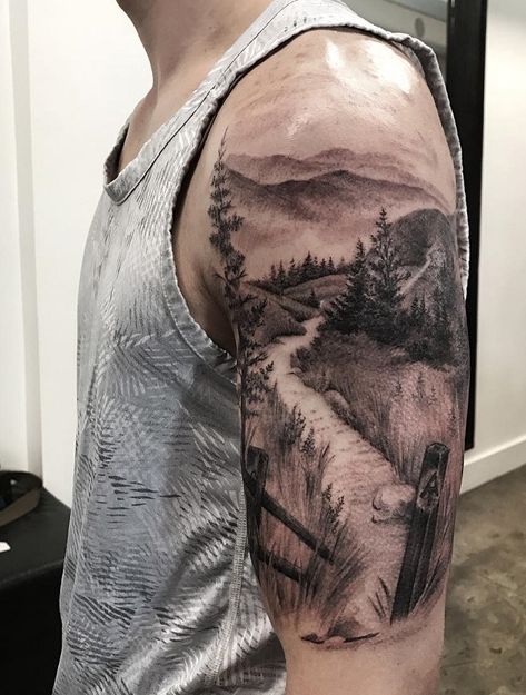 40 Landscape Tattoo Ideas | Art and Design Landscape Tattoo Ideas, Land Tattoos, Natur Tattoo Arm, Wilderness Tattoo, Berg Tattoo, Tattoos Symbols, Adventure Tattoo, Scene Tattoo, Mountain Tattoo Design