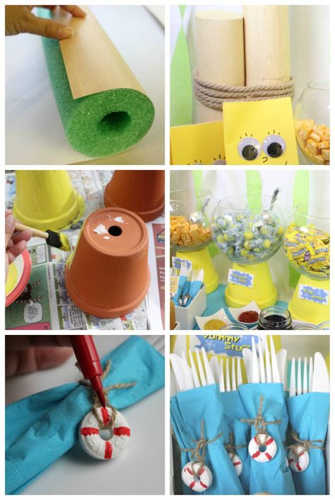 Create this DIY party for kids ages four to 40 ...and beyond! Sponge Bob Centerpieces, Spongebob Birthday Party Favors, Diy Spongebob Party, Spongebob Diy, Diy Spongebob, Spongebob Party Decorations, Phoenix Party, Spongebob Squarepants Party, Spongebob Birthday Party Decorations