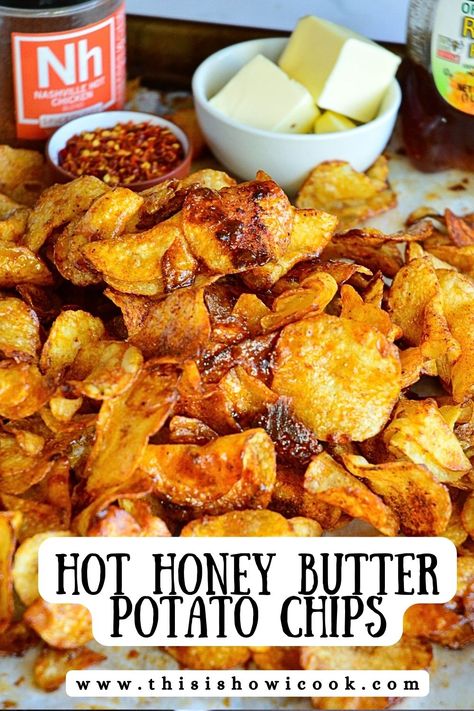 This Korean honey butter chips recipe has me addicted. My potato chips recipe has an extra kick with spicy honey, butter and Nashville seasoning! #HoneyButterPotatoChips #HoneyButterPotatoChipsRecipe #KoreanSnacks #KoreanSnacksRecipe #KoreanHoneyButterChips Honey Chipotle Chicken Crispers Recipe, Saltenas Recipe, Honey Butter Potato Chips, Chilis Honey Chipotle Crispers Copycat, Spicy Potato Chips, Chewy Chips Ahoy Recipe, Honey Butter Chips, Spicy Honey Butter, Honey Ideas