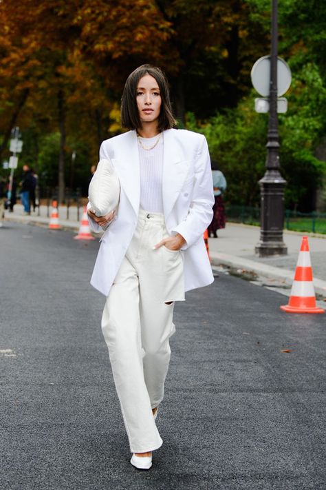 White, Clothing, Street fashion, Photograph, Fashion, Pantsuit, Suit, Snapshot, Outerwear, Blazer, Work Aesthetic, Paris Street Style Spring, 2020 Street Style, Style Désinvolte Chic, Fashion Week Spring 2020, Fashion Leaders, White Clothing, Aesthetic Autumn, Inspo Board