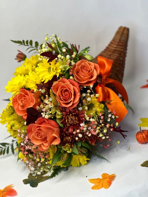 Floral Arrangements Thanksgiving, Cornucopia Flower Arrangement, Thanksgiving Floral Centerpieces, Thanksgiving Arrangements, November Design, Thanksgiving Flower Arrangements, Holiday Flower Arrangements, Thanksgiving Floral Arrangements, Dinner Centerpieces