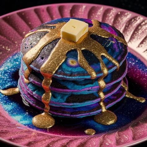 Good morning 🥞✨ Continuing galaxy food🌌 . . . . #dessert #breakfast #pancakes #galaxy #aiart #digitalart #aiartwork Galaxy Desert, Galaxy Treats, Futuristic Food, Galaxy Food, Theme Dinners, Galaxy Desserts, Gourmet Candy Apples, Galaxy Cake, Space Food