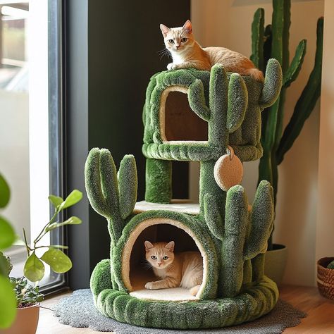 The Cactus Cat Tree is a playful and stylish piece of pet furniture designed to bring a touch of the desert into your home. Shaped like a tall, vibrant green cactus, this cat tree features multiple levels for climbing, perching, and lounging, with cozy platforms covered in soft, durable fabric. The ‘branches’ of the cactus serve as scratching posts wrapped in natural sisal, perfect for your cat’s scratching instincts. The Cactus Cat Tree not only provides endless entertainment and comfort for... Cat Scratching Post Aesthetic, Cute Cat Scratching Post, Aesthetic Cat Tree, Flower Cat Tree, Cat Rooms, Plant Office, Cactus Cat, Cat Towers, Flat Ideas