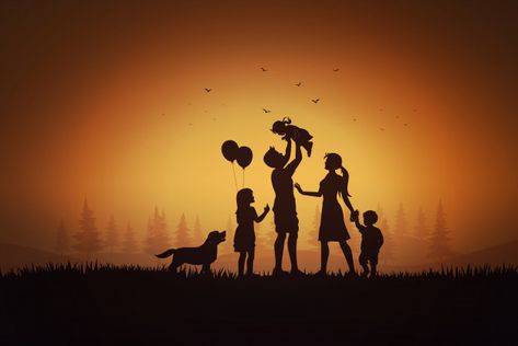 Happy family day, father mother and children silhouette playing on grass in sunset. Premium Vector Happy Family Pictures, Happy Family Day, Sunset Family Photos, Mother And Children, Cute Happy Quotes, Old Paper Background, Family Stock Photo, Lion Wallpaper, Silhouette Painting