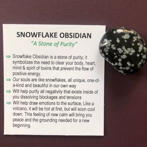 SNOWFLAKE OBSIDIAN tumbled stone with description card | Etsy Snow Obsidian Meaning, Snowflake Obsidian Meaning, Obsidian Meaning, Snowflake Obsidian Crystal, Stone Meanings, Crystal Work, Obsidian Crystal, Crystal Guide, Crystal Healer