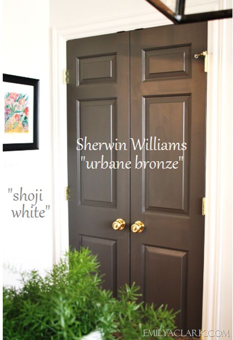 Favorite Kitchen Cabinet Paint Colors {Friday Favorites}… Sherwin Williams Urbane Bronze, Urbane Bronze, Urban Bronze, Shoji White, Painted Kitchen Cabinets Colors, Brown Doors, Cabinet Paint, Cabinet Paint Colors, Door Paint Colors